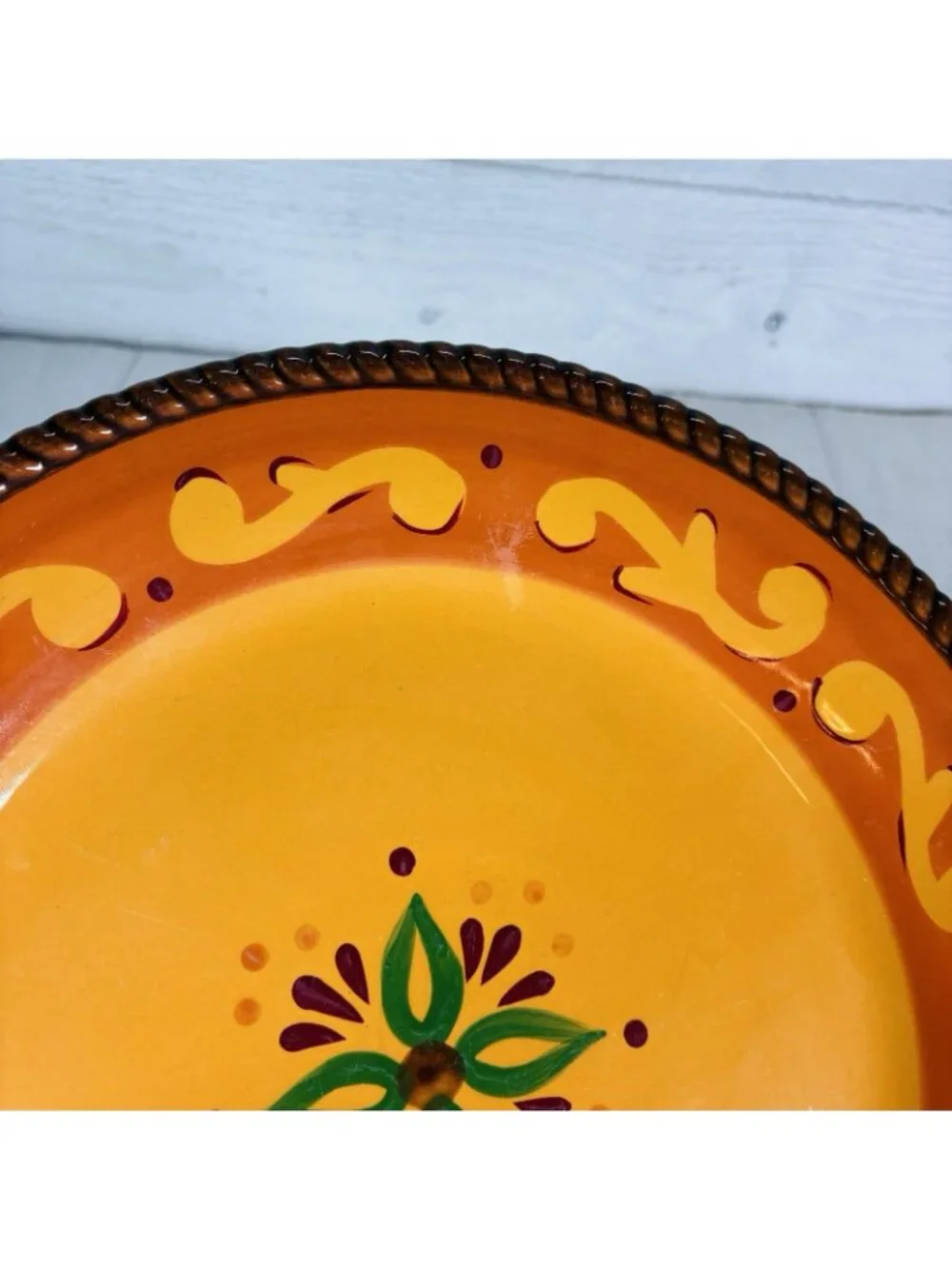 Celebrating Home TUSCAN Orange Red Yellow Rope Trim Stoneware Dinner Plate Set 3